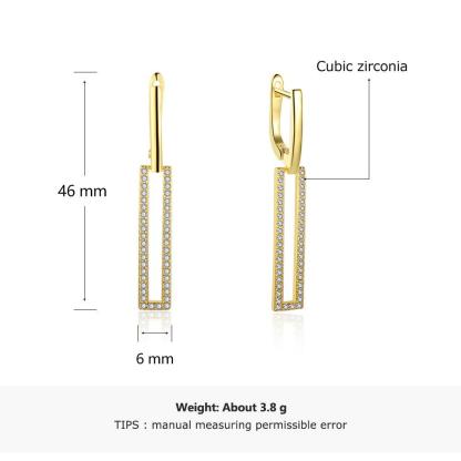 High-Quality Silver Rectangle Shaped Gold Plated Long Dangling Drop Earrings with Cubic Zirconia, Fashion Jewelry for Women - Personalized Jewel