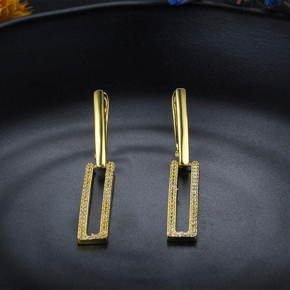 High-Quality Silver Rectangle Shaped Gold Plated Long Dangling Drop Earrings with Cubic Zirconia, Fashion Jewelry for Women - Personalized Jewel