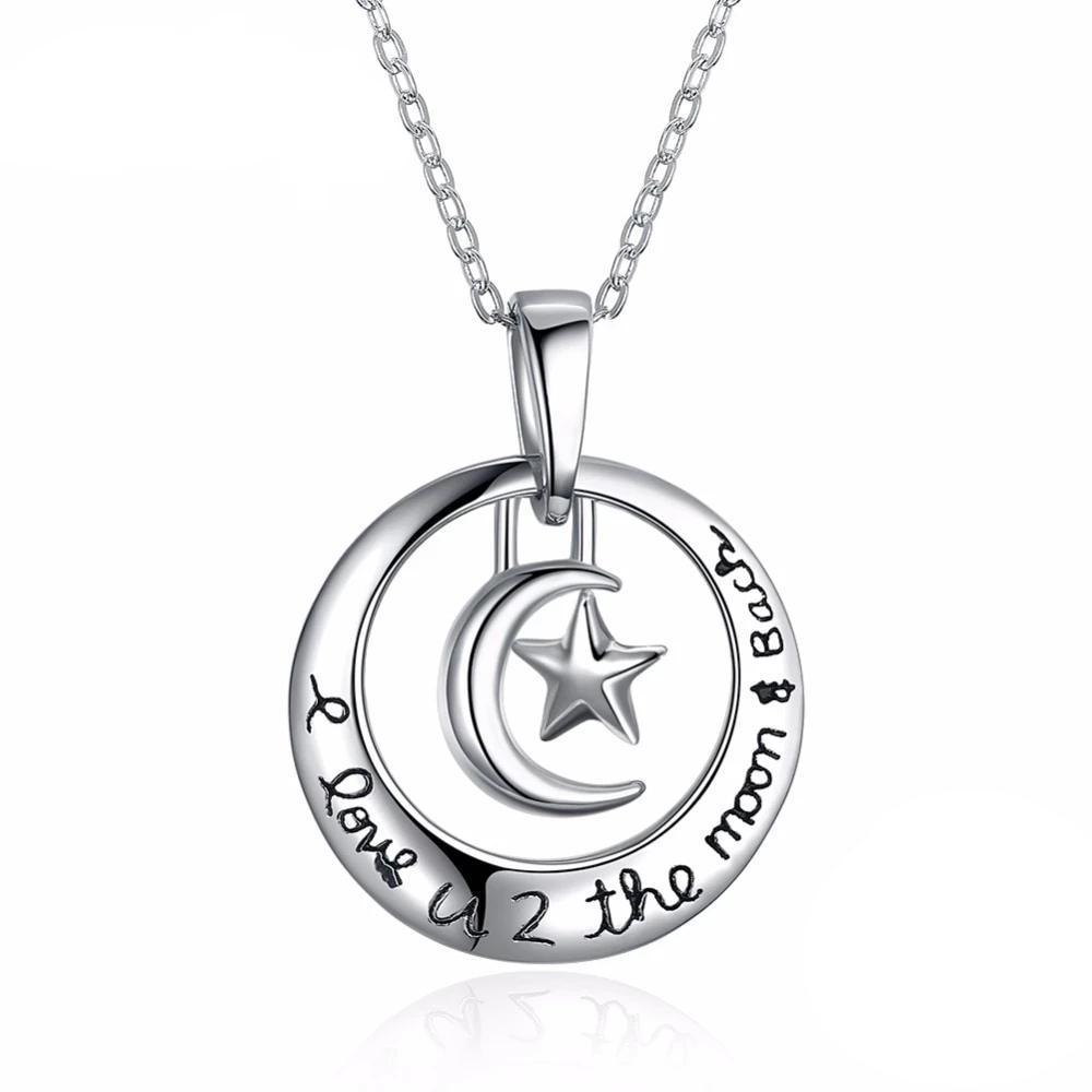 "I Love U 2 The Moon & Stars" - 925 Real Sterling Silver Necklace - Personalized Jewel