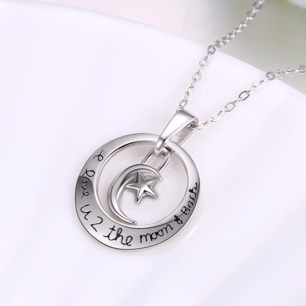 "I Love U 2 The Moon & Stars" - 925 Real Sterling Silver Necklace - Personalized Jewel
