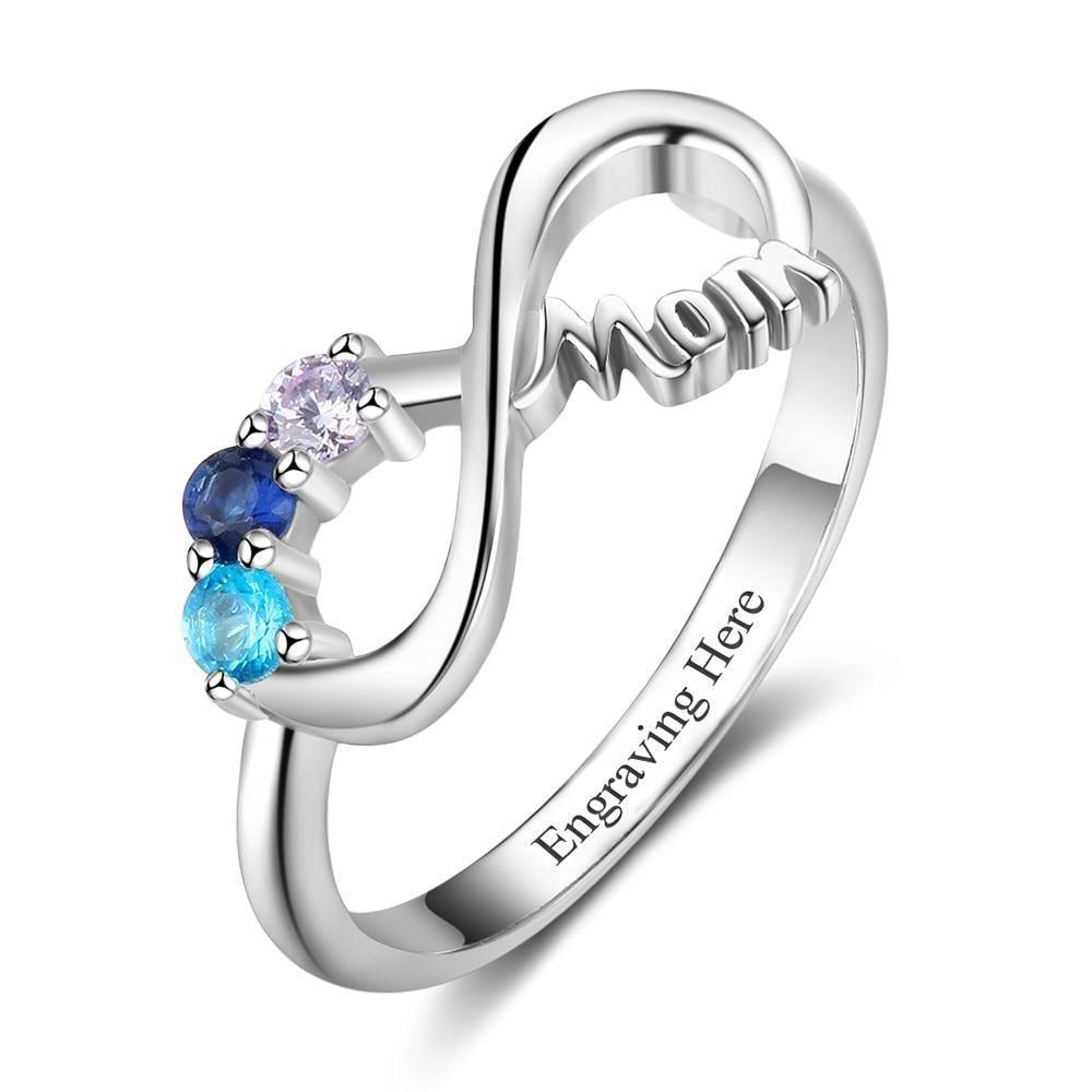 Infinity 925 Sterling Silver Women Ring- 3 Birthstones Engraved- Stylish Ladies Ring - Personalized Jewel