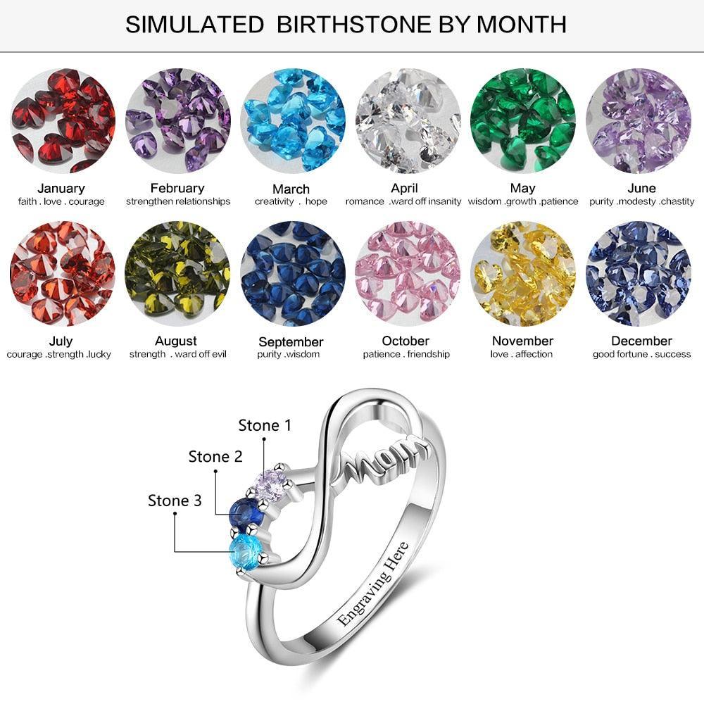Infinity 925 Sterling Silver Women Ring- 3 Birthstones Engraved- Stylish Ladies Ring - Personalized Jewel