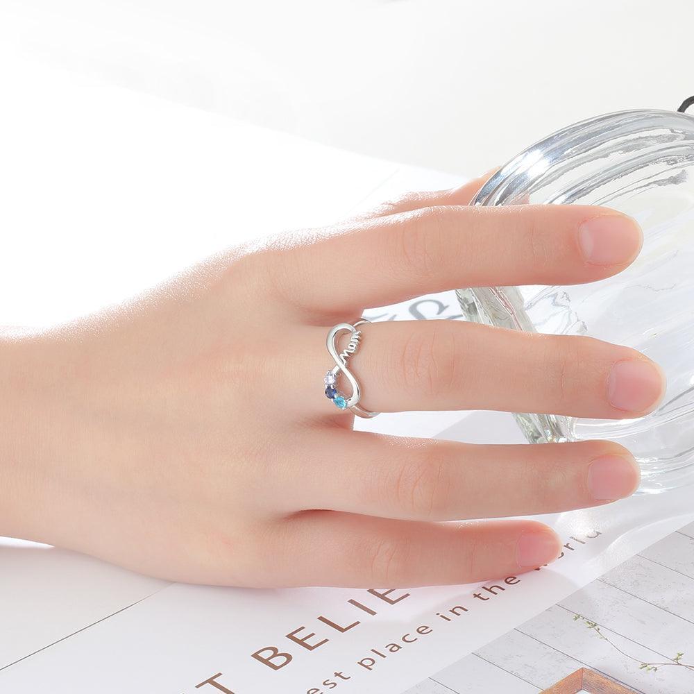 Infinity 925 Sterling Silver Women Ring- 3 Birthstones Engraved- Stylish Ladies Ring - Personalized Jewel