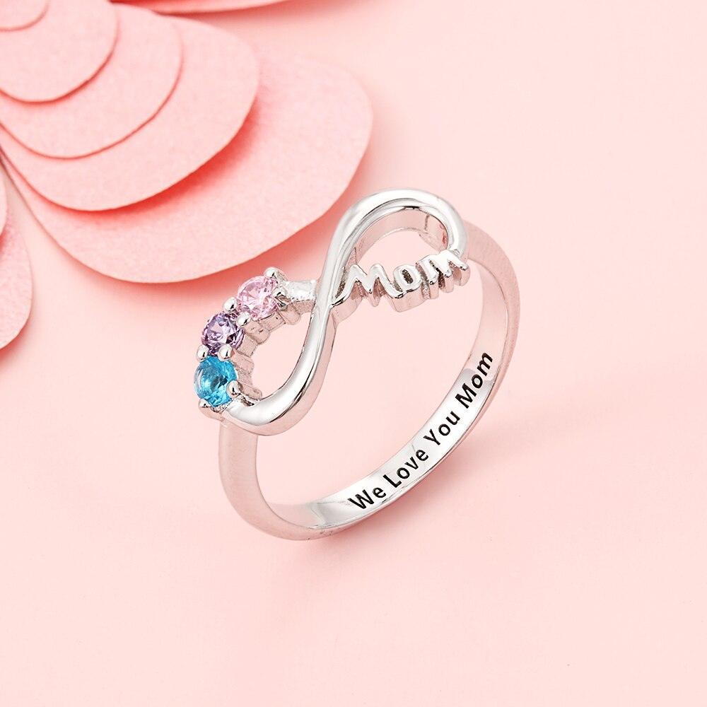 Infinity 925 Sterling Silver Women Ring- 3 Birthstones Engraved- Stylish Ladies Ring - Personalized Jewel