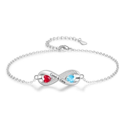 Infinity Diamond Sterling Silver Bracelet - 2 Custom Names & Birthstones - Personalized Jewel