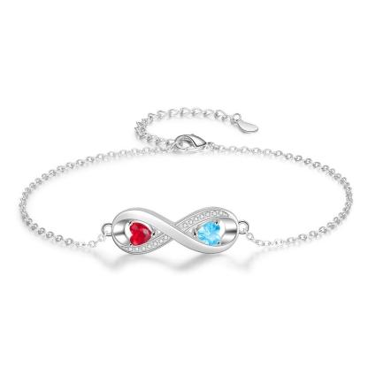 Infinity Diamond Sterling Silver Bracelet - 2 Custom Names & Birthstones - Personalized Jewel
