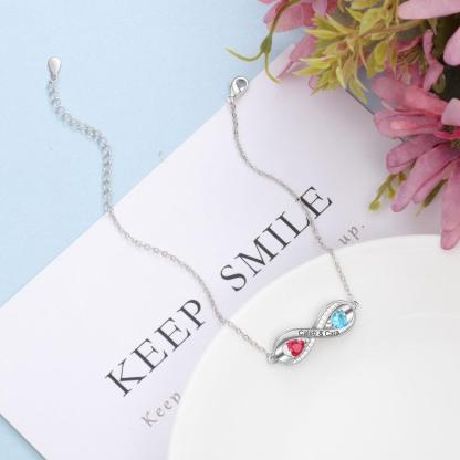 Infinity Diamond Sterling Silver Bracelet - 2 Custom Names & Birthstones - Personalized Jewel