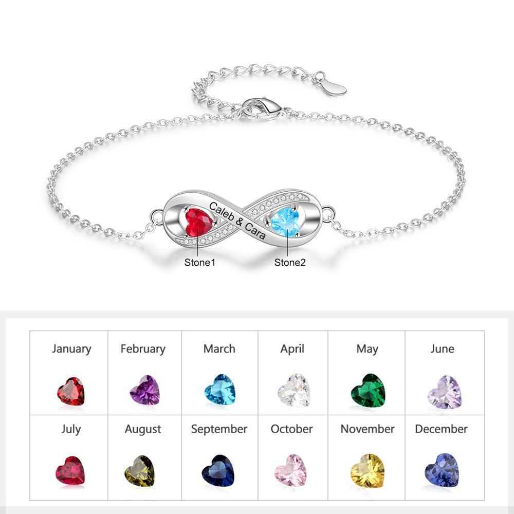 Infinity Diamond Sterling Silver Bracelet - 2 Custom Names & Birthstones - Personalized Jewel