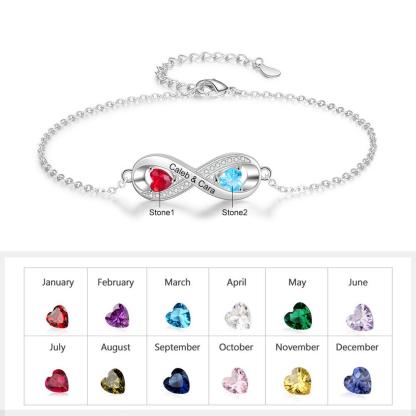 Infinity Diamond Sterling Silver Bracelet - 2 Custom Names & Birthstones - Personalized Jewel