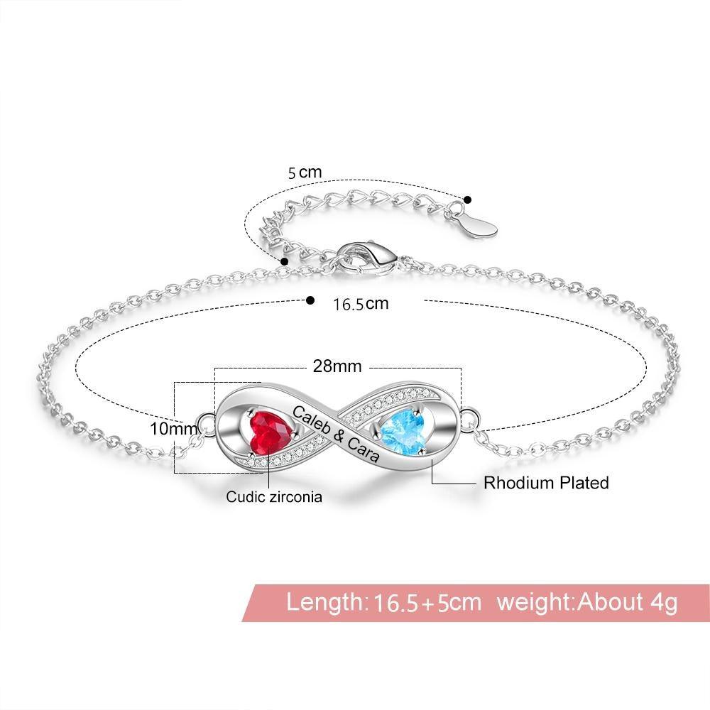 Infinity Diamond Sterling Silver Bracelet - 2 Custom Names & Birthstones - Personalized Jewel