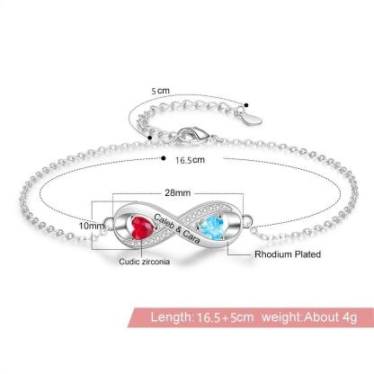 Infinity Diamond Sterling Silver Bracelet - 2 Custom Names & Birthstones - Personalized Jewel