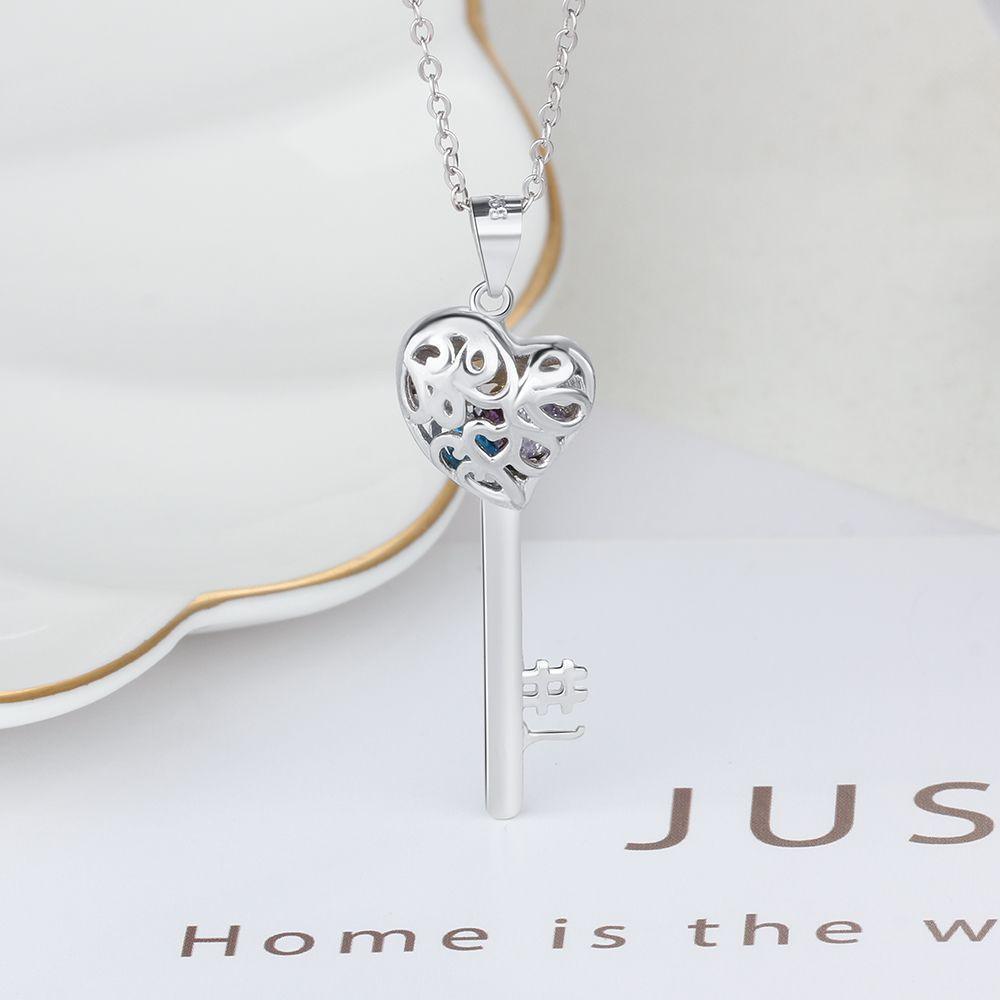 Key Shape With Birthstone Personalized Gifts Engrave Name 925 Sterling Silver Pendant Necklace Women Jewelry - Personalized Jewel