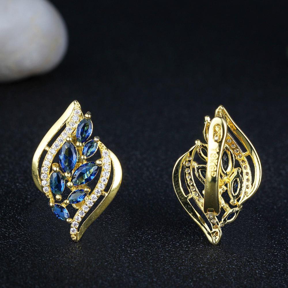 Leaf Shape Gold Color Earring- Party Earrings for Women- Jewelry for Women- Blue Stone Stud Earrings for Women- Stylish Accessories for Women - Personalized Jewel