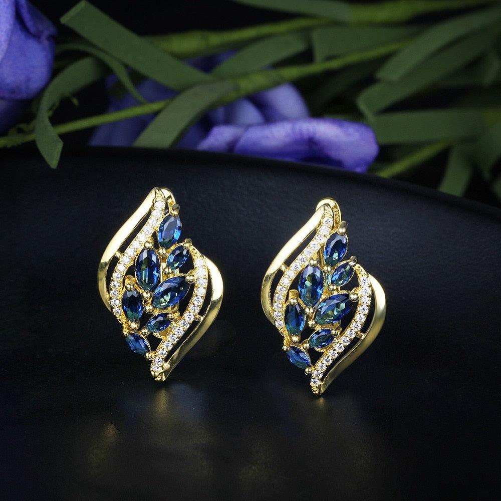 Leaf Shape Gold Color Earring- Party Earrings for Women- Jewelry for Women- Blue Stone Stud Earrings for Women- Stylish Accessories for Women - Personalized Jewel