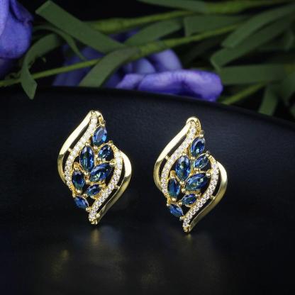 Leaf Shape Gold Color Earring- Party Earrings for Women- Jewelry for Women- Blue Stone Stud Earrings for Women- Stylish Accessories for Women - Personalized Jewel