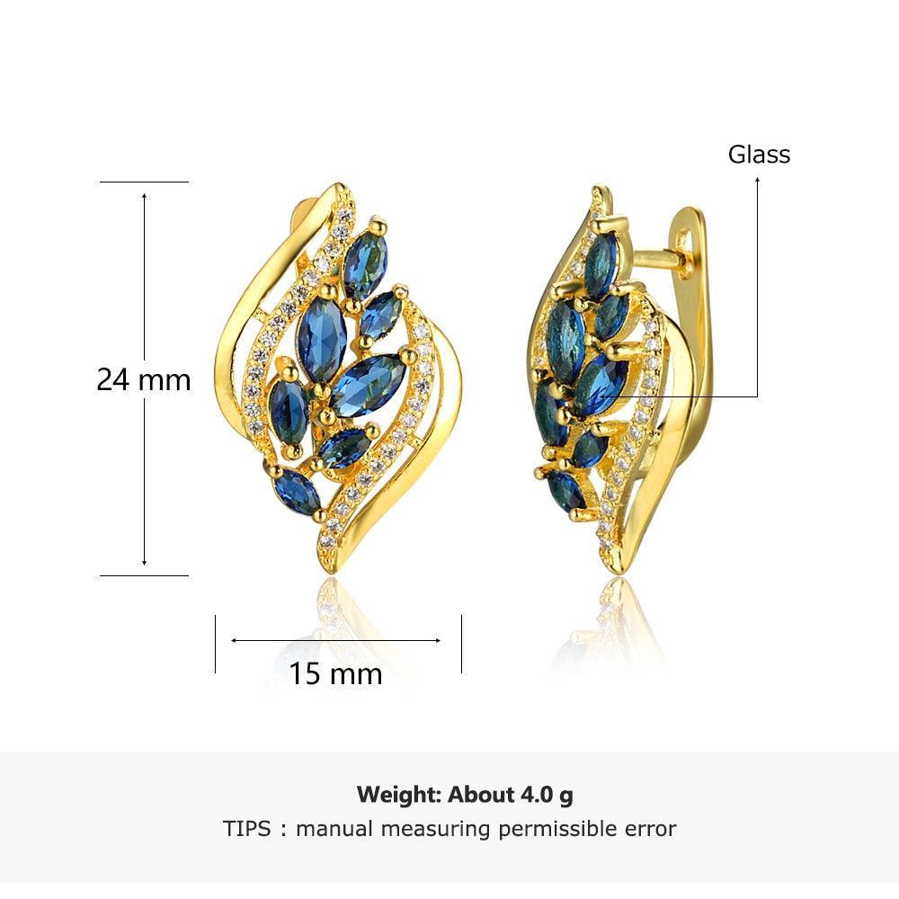 Leaf Shape Gold Color Earring- Party Earrings for Women- Jewelry for Women- Blue Stone Stud Earrings for Women- Stylish Accessories for Women - Personalized Jewel