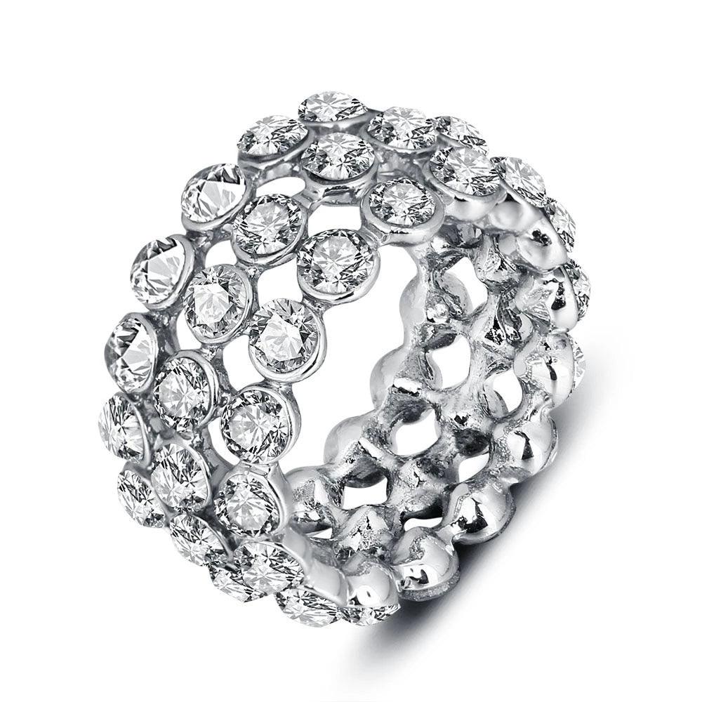 Luxurious Zinc Alloy Rhodium Plated Rings for Women with 3 Rows of Shiny White Cubic Zirconia Stones – Trendy Jewelry Gift - Personalized Jewel