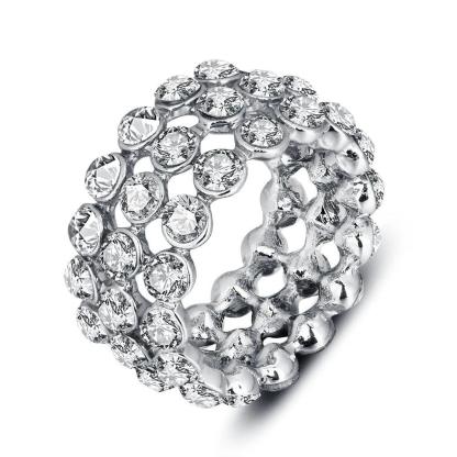 Luxurious Zinc Alloy Rhodium Plated Rings for Women with 3 Rows of Shiny White Cubic Zirconia Stones – Trendy Jewelry Gift - Personalized Jewel