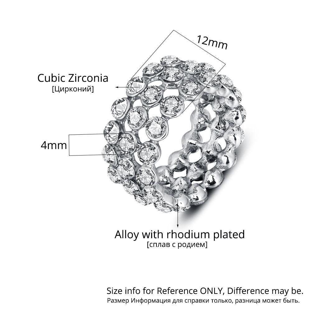 Luxurious Zinc Alloy Rhodium Plated Rings for Women with 3 Rows of Shiny White Cubic Zirconia Stones – Trendy Jewelry Gift - Personalized Jewel