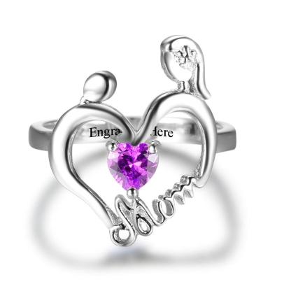 Mom's Ring Personalized Engrave Custom Heart Birthstone Ring 925 Sterling Silver Rings For Mother's Gift - Personalized Jewel