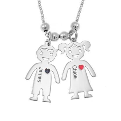 My Children Engraved Sterling Silver Necklace - 2 Custom Name & Birthstones - Personalized Jewel