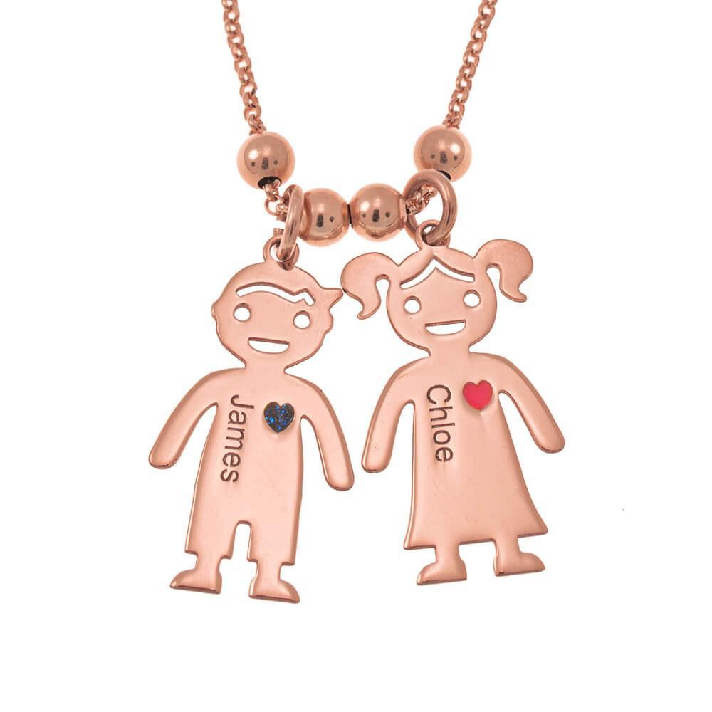 My Children Engraved Sterling Silver Necklace - 2 Custom Name & Birthstones - Personalized Jewel