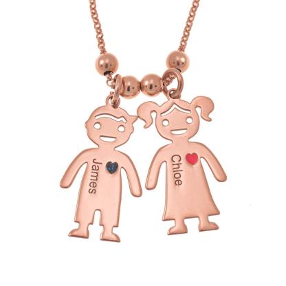 My Children Engraved Sterling Silver Necklace - 2 Custom Name & Birthstones - Personalized Jewel