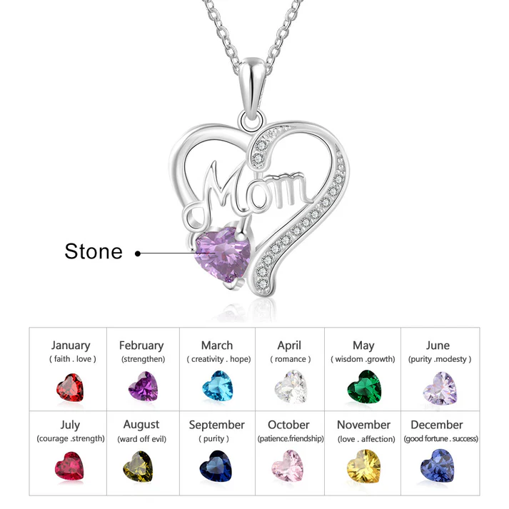 Stylish Heart And Stone Pendant For Women, Personalized Birthstone With Mom Written Pendant Necklace-Personalized Jewels