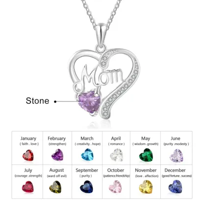 Stylish Heart And Stone Pendant For Women, Personalized Birthstone With Mom Written Pendant Necklace-Personalized Jewels