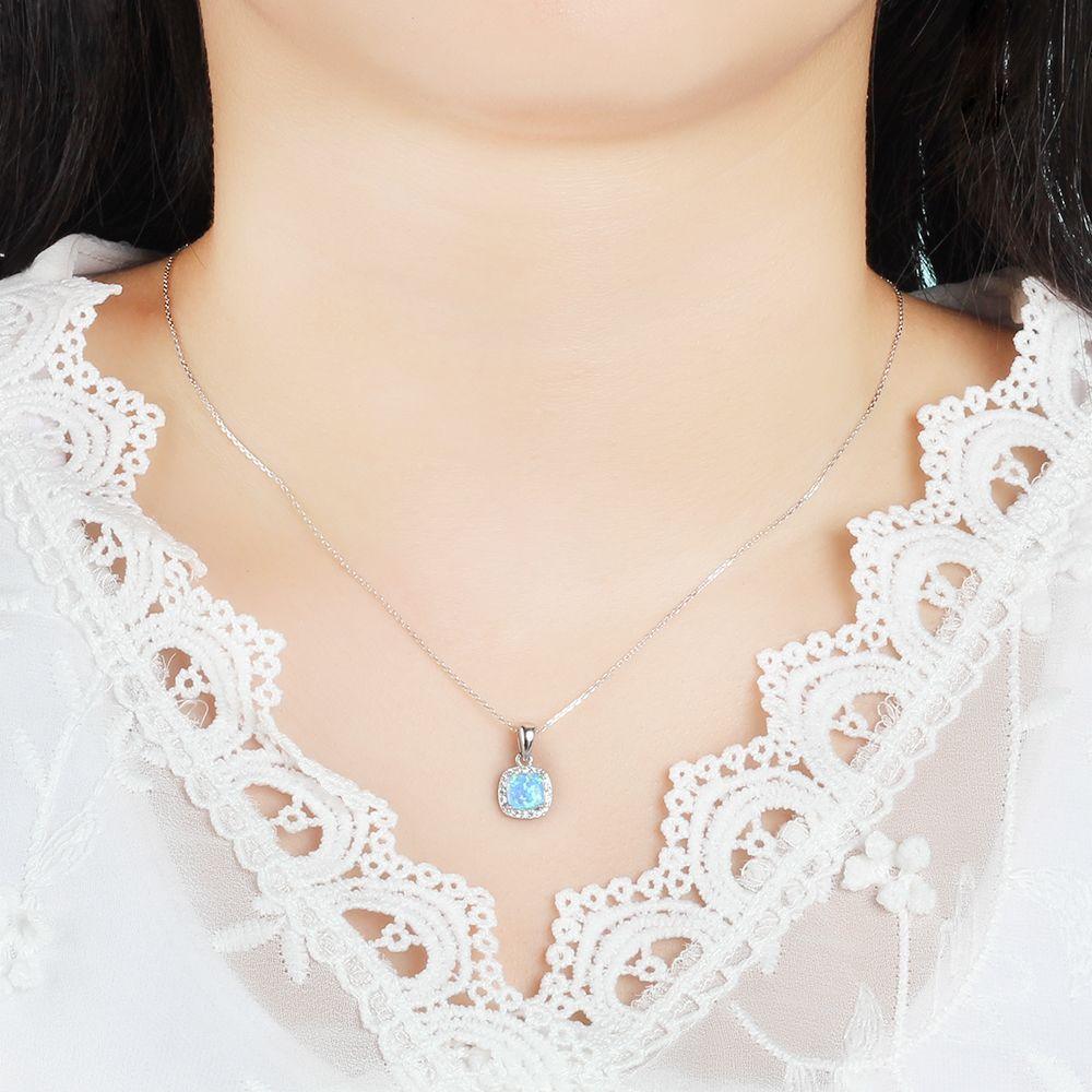 925 Sterling Silver Necklace for Women, Square Opal & Cubic Zirconia Pendant Necklace - Personalized Jewel