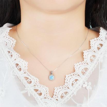 925 Sterling Silver Necklace for Women, Square Opal & Cubic Zirconia Pendant Necklace - Personalized Jewel