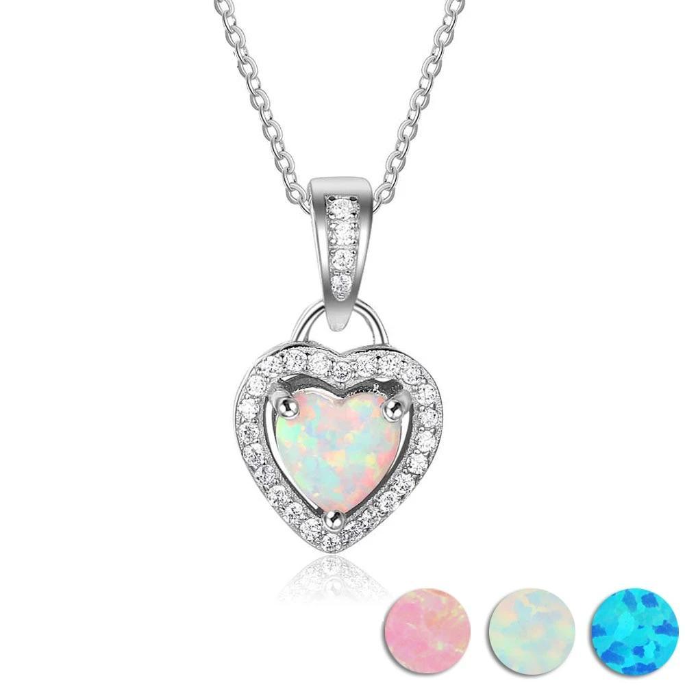 Opal Stone Heart Pendant Silver Necklace - Personalized Jewel
