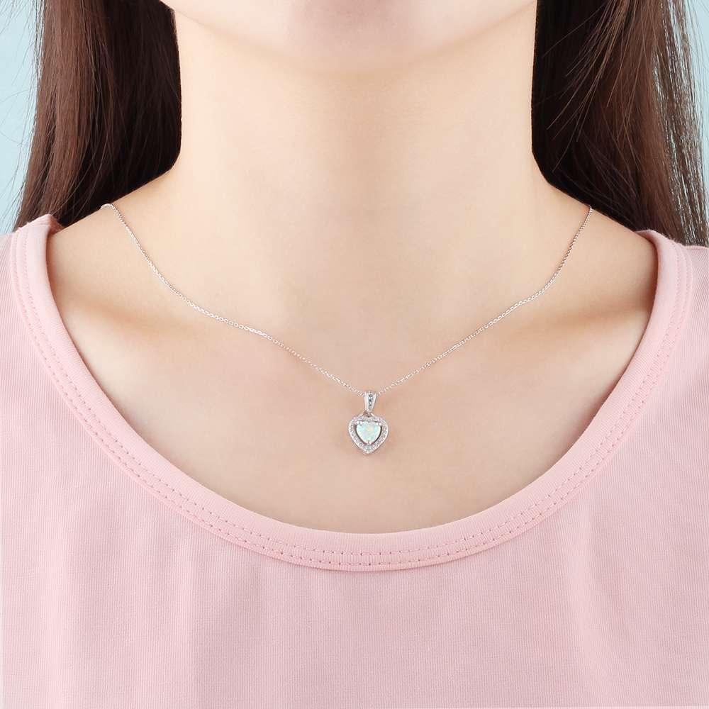 Opal Stone Heart Pendant Silver Necklace - Personalized Jewel