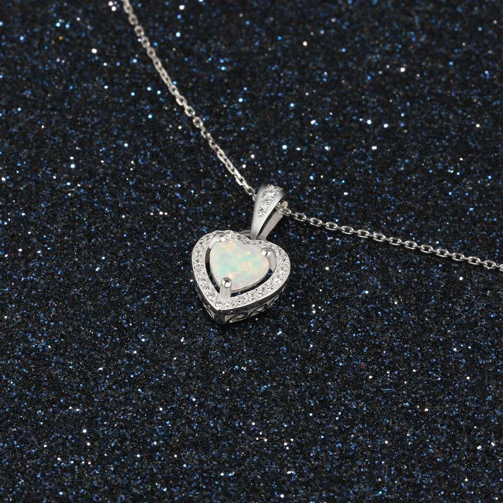 Opal Stone Heart Pendant Silver Necklace - Personalized Jewel