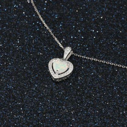 Opal Stone Heart Pendant Silver Necklace - Personalized Jewel