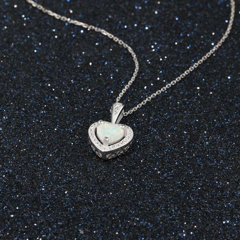 Opal Stone Heart Pendant Silver Necklace - Personalized Jewel