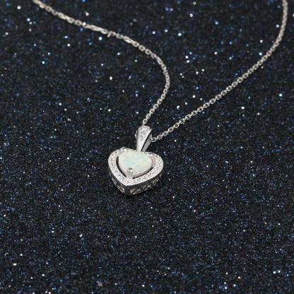 Opal Stone Heart Pendant Silver Necklace - Personalized Jewel