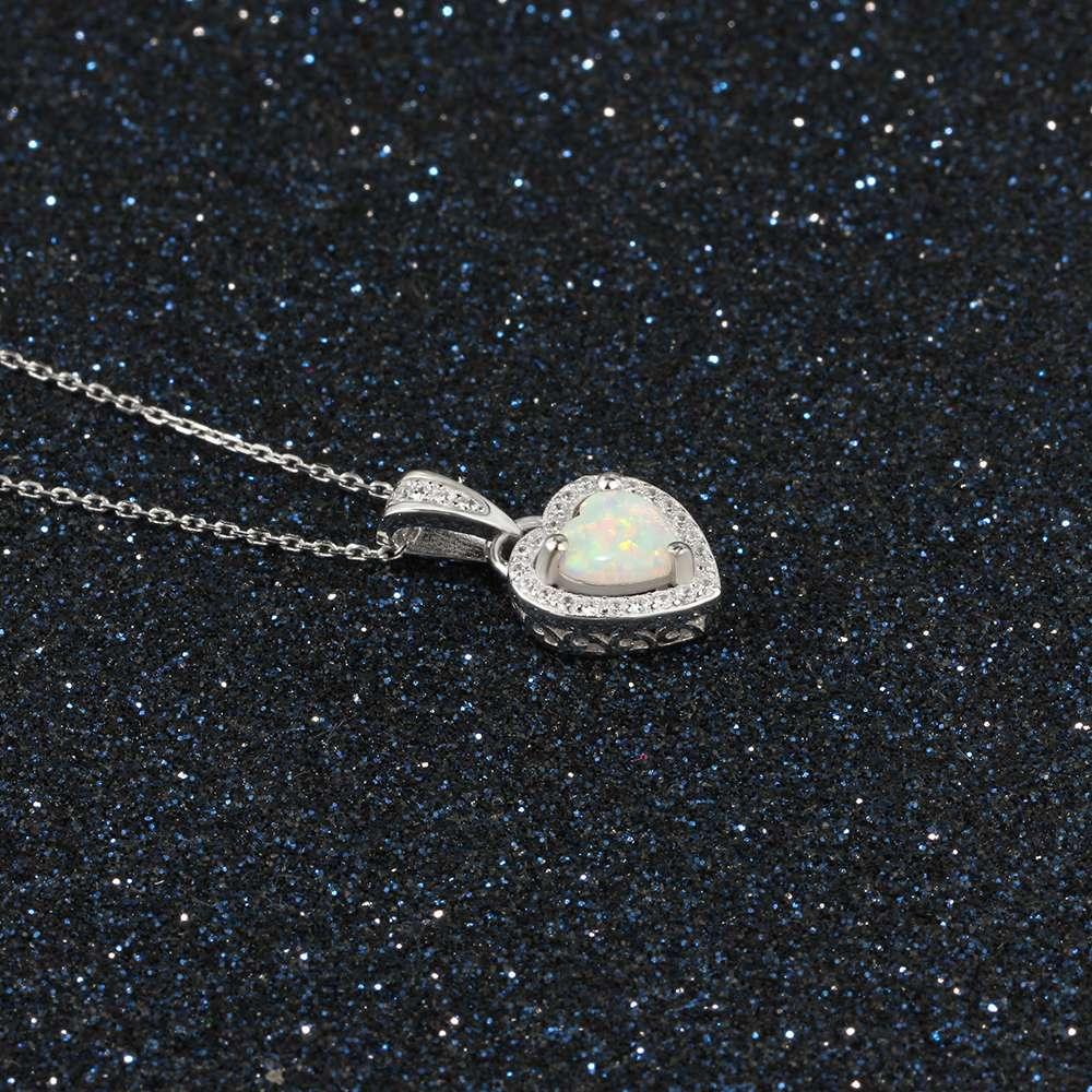 Opal Stone Heart Pendant Silver Necklace - Personalized Jewel