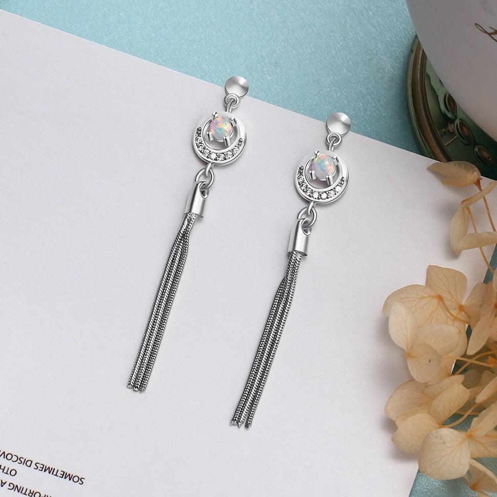 Opal Stone Long Tassel Stud Earrings For Women 925 Sterling Silver Earring Party Jewelry Gift For Her - Personalized Jewel