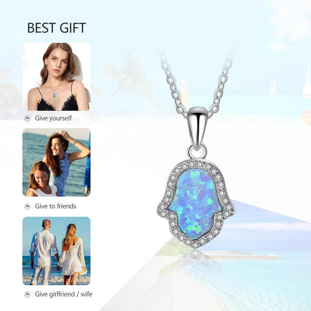Opal Stone Pendant With Sterling Silver Necklace For Women, Hamas Hand Shaped Pendant Inspired By Ocean - Personalized Jewel