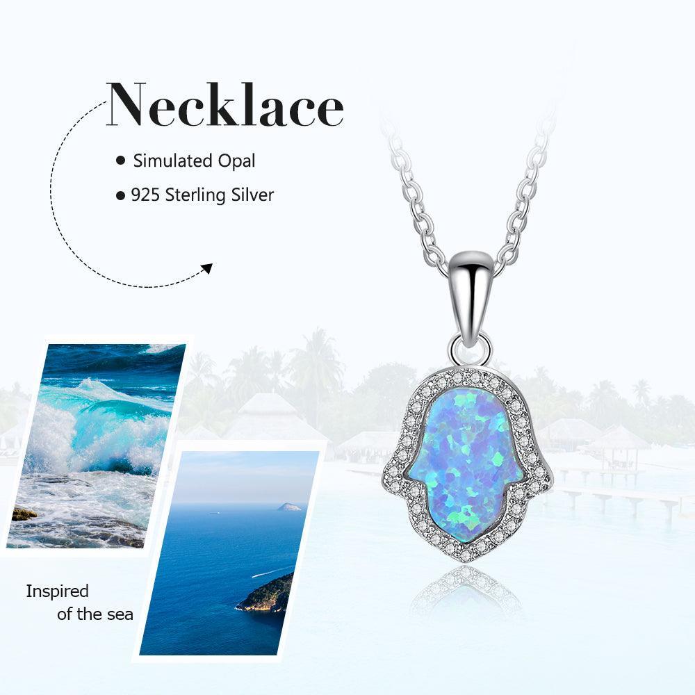 Opal Stone Pendant With Sterling Silver Necklace For Women, Hamas Hand Shaped Pendant Inspired By Ocean - Personalized Jewel