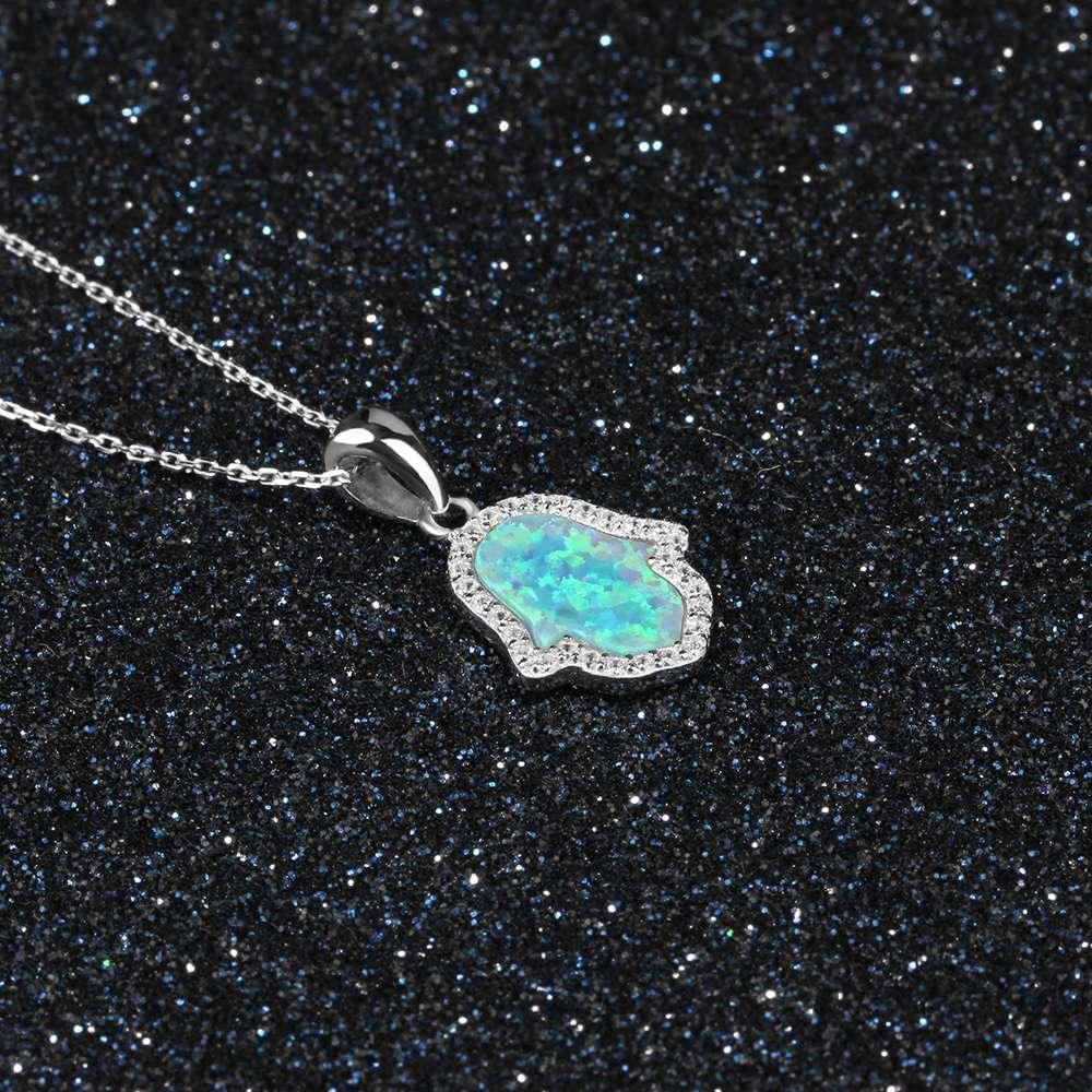 Opal Stone Pendant With Sterling Silver Necklace For Women, Hamas Hand Shaped Pendant Inspired By Ocean - Personalized Jewel