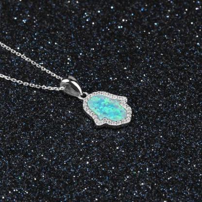 Opal Stone Pendant With Sterling Silver Necklace For Women, Hamas Hand Shaped Pendant Inspired By Ocean - Personalized Jewel
