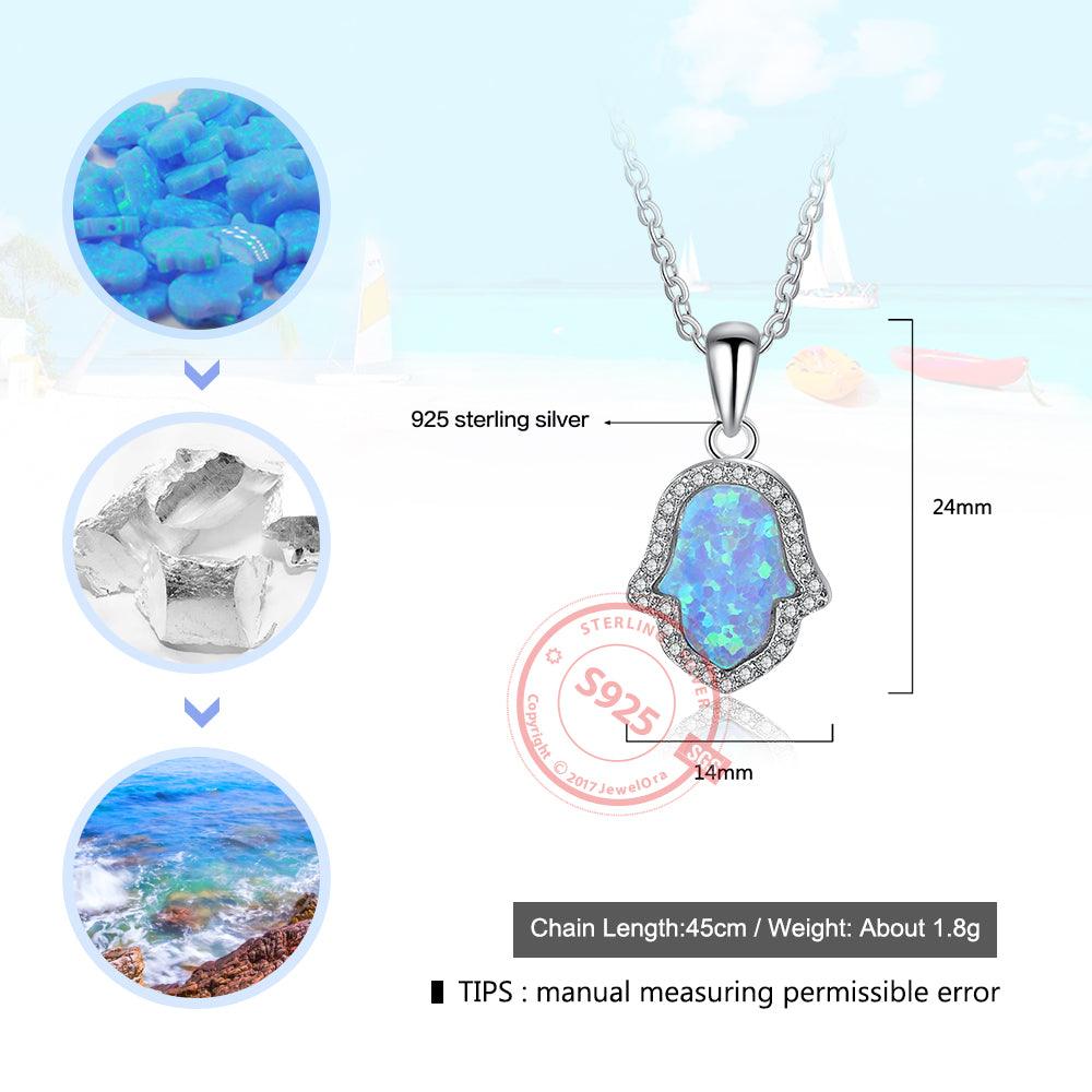 Opal Stone Pendant With Sterling Silver Necklace For Women, Hamas Hand Shaped Pendant Inspired By Ocean - Personalized Jewel