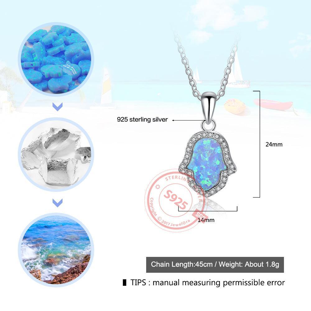 Opal Stone Pendant With Sterling Silver Necklace For Women, Hamas Hand Shaped Pendant Inspired By Ocean - Personalized Jewel
