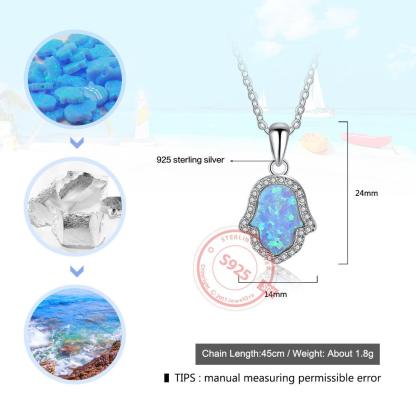 Opal Stone Pendant With Sterling Silver Necklace For Women, Hamas Hand Shaped Pendant Inspired By Ocean - Personalized Jewel