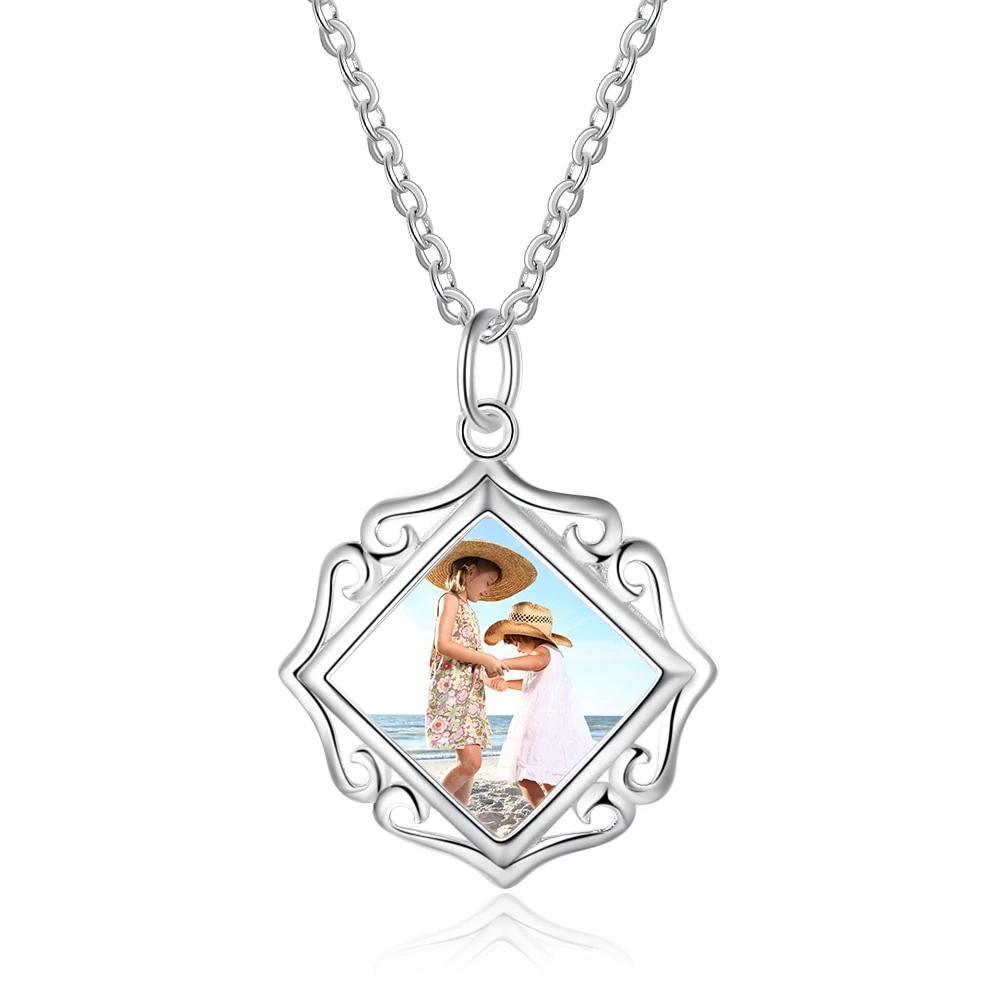Openwork Pattern Border Personalized Custom Color Photo Necklace 925 Sterling Silver Anniversary Jewelry - Personalized Jewel