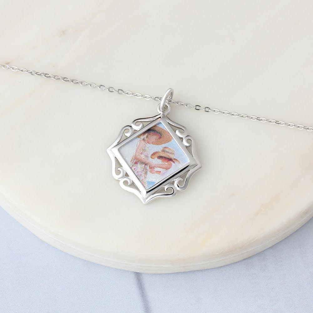 Openwork Pattern Border Personalized Custom Color Photo Necklace 925 Sterling Silver Anniversary Jewelry - Personalized Jewel