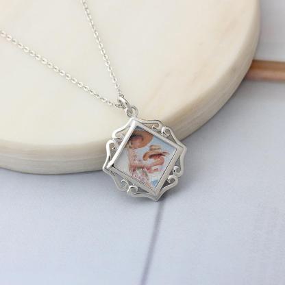 Openwork Pattern Border Personalized Custom Color Photo Necklace 925 Sterling Silver Anniversary Jewelry - Personalized Jewel