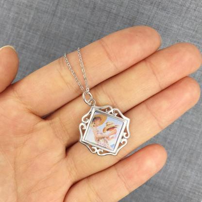 Openwork Pattern Border Personalized Custom Color Photo Necklace 925 Sterling Silver Anniversary Jewelry - Personalized Jewel